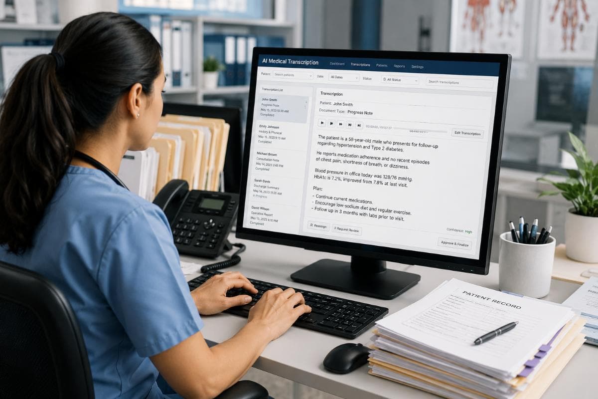 Healthcare professional reviewing AI-generated medical transcription on a desktop computer while documenting patient records in a modern clinical office.
