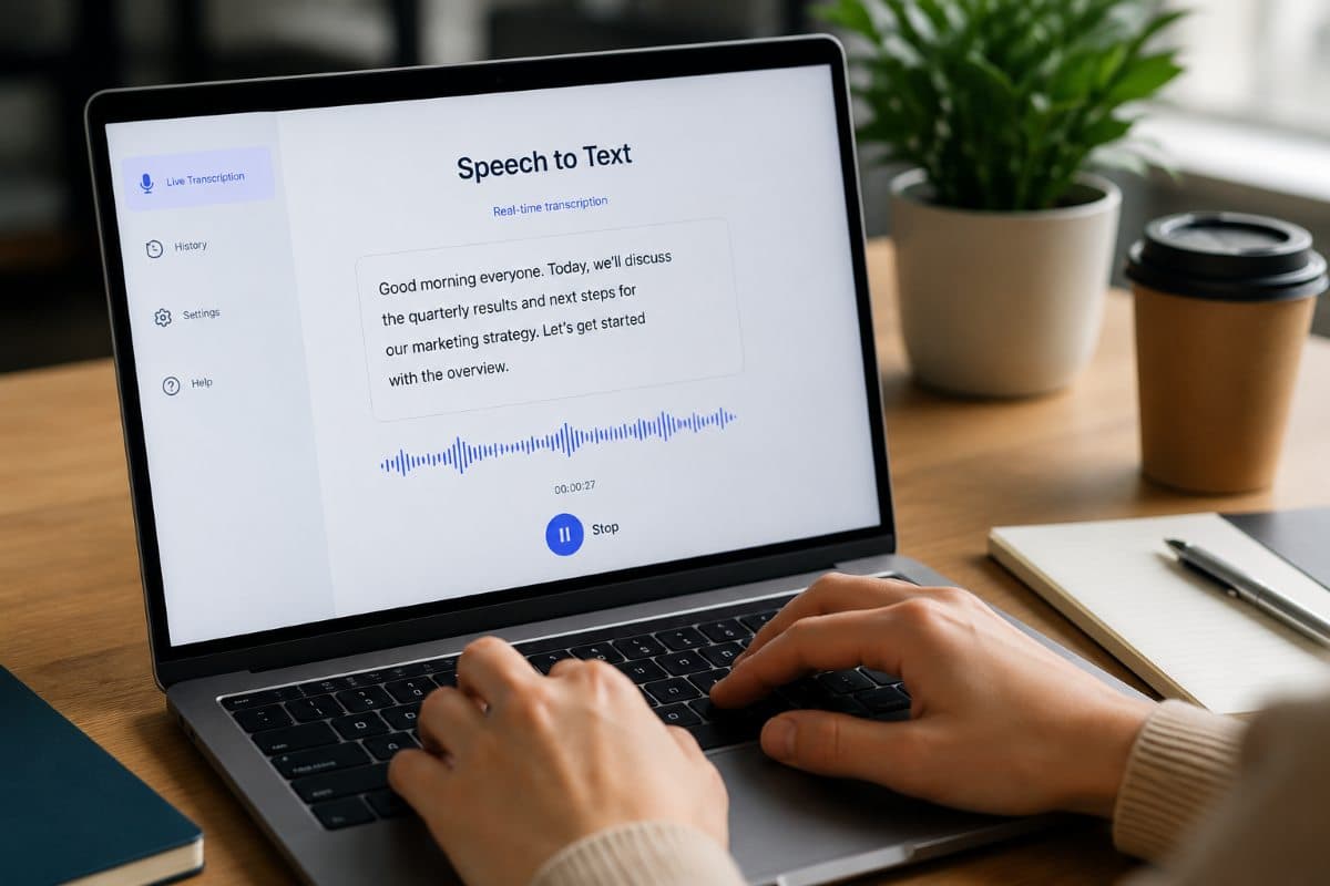 Laptop displaying a speech-to-text AI application with live voice transcription, waveform visualization, and real-time converted text on a modern office desk.