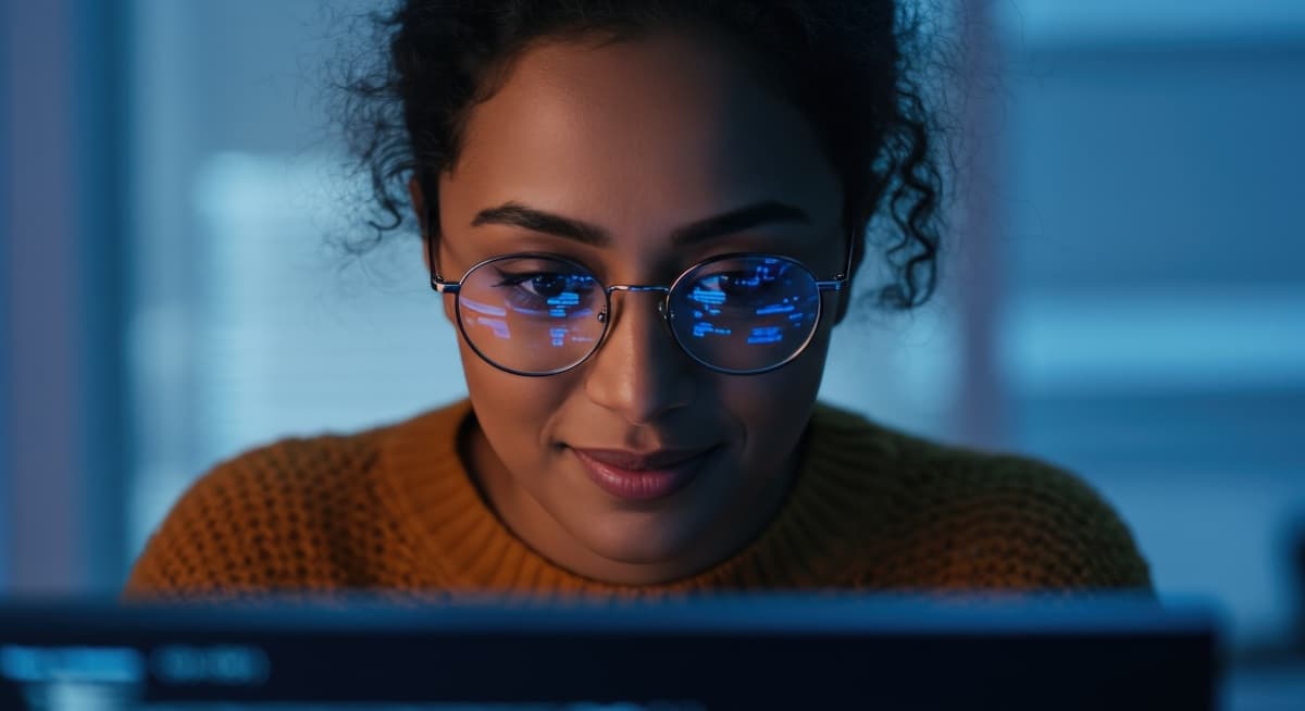 Woman working on computer at night