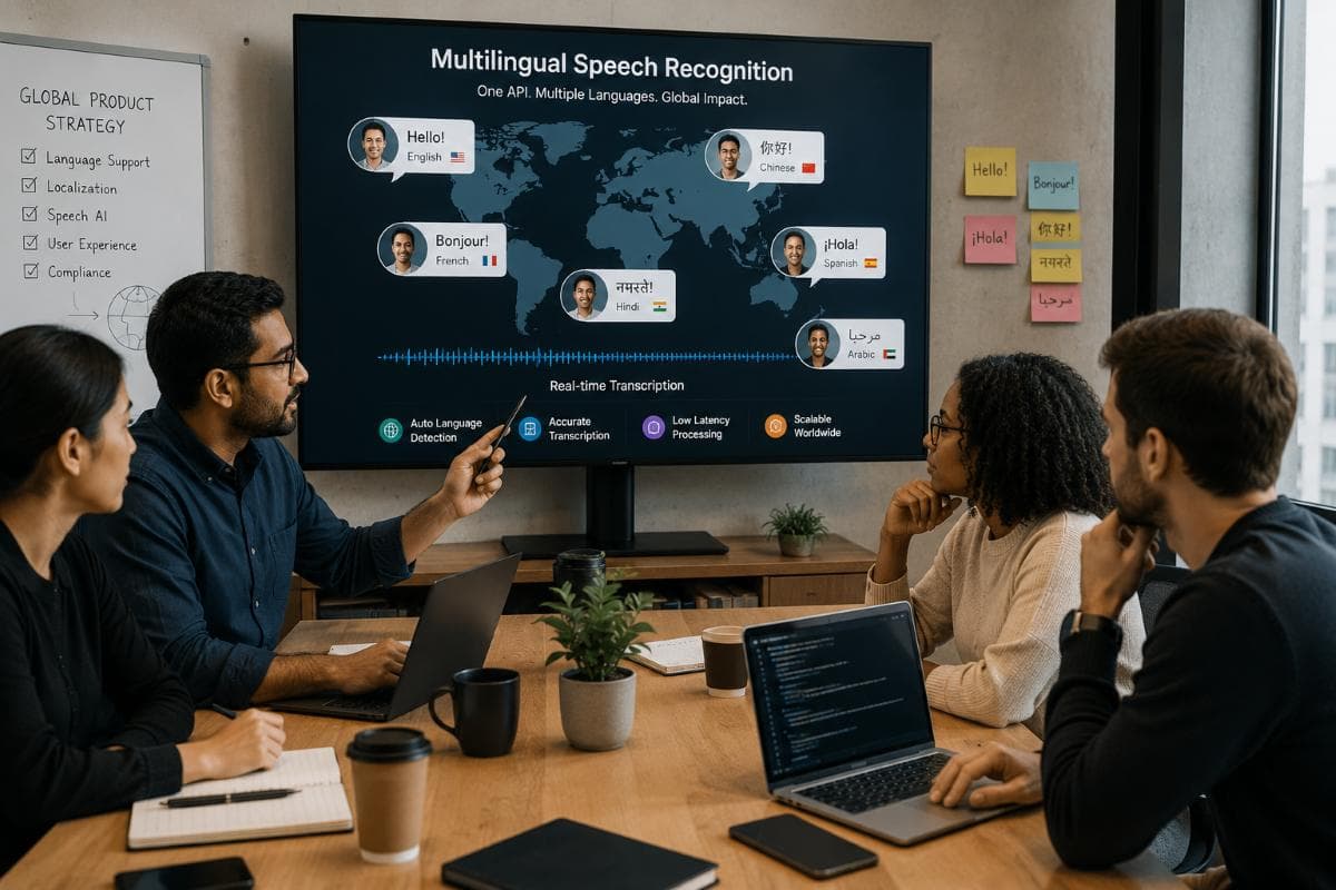 team reviewing a multilingual speech recognition platform during a meeting, with real-time transcription and multiple language support displayed on a presentation screen.