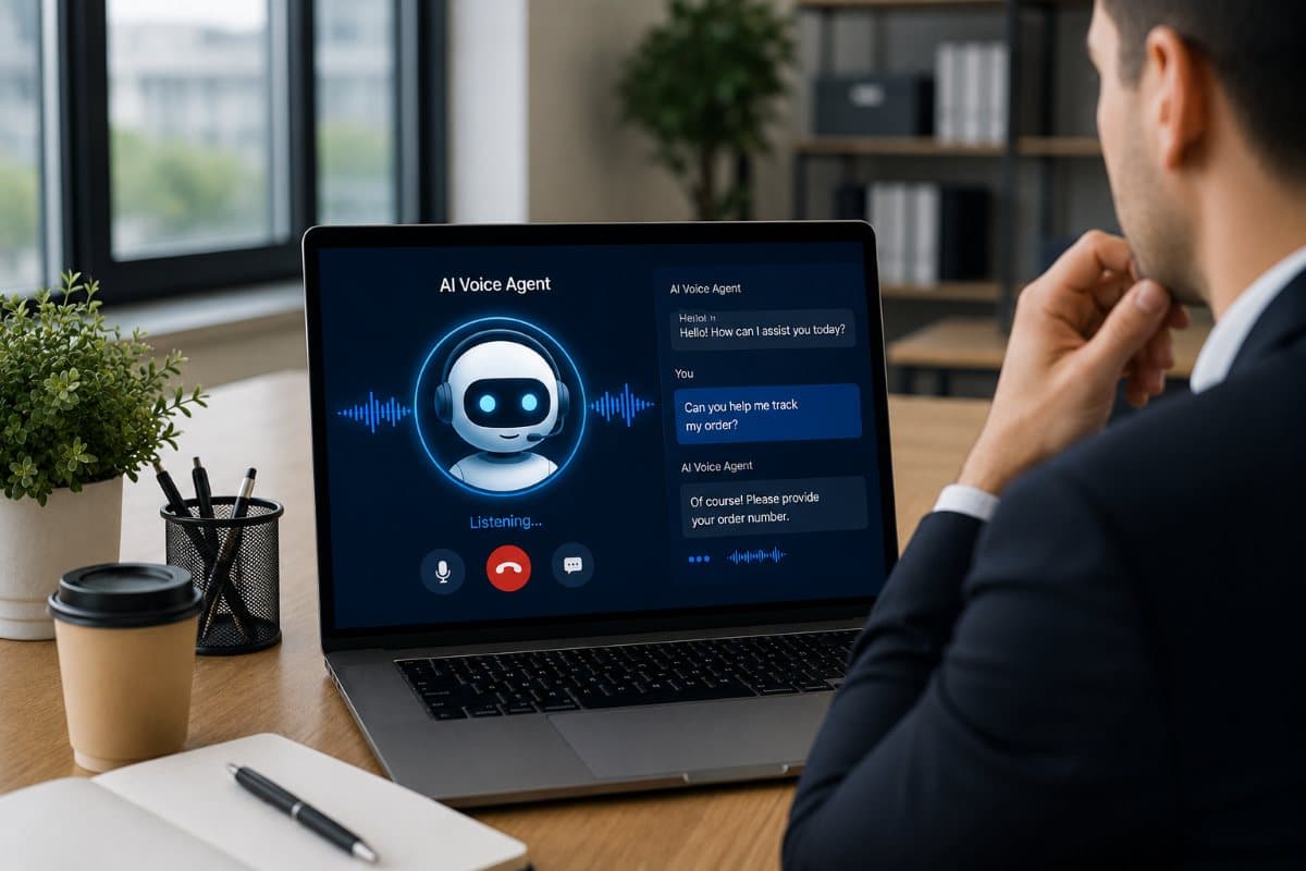 Business professional using an AI voice agent on a laptop with a conversational interface for customer support, voice assistance, and automated task handling.