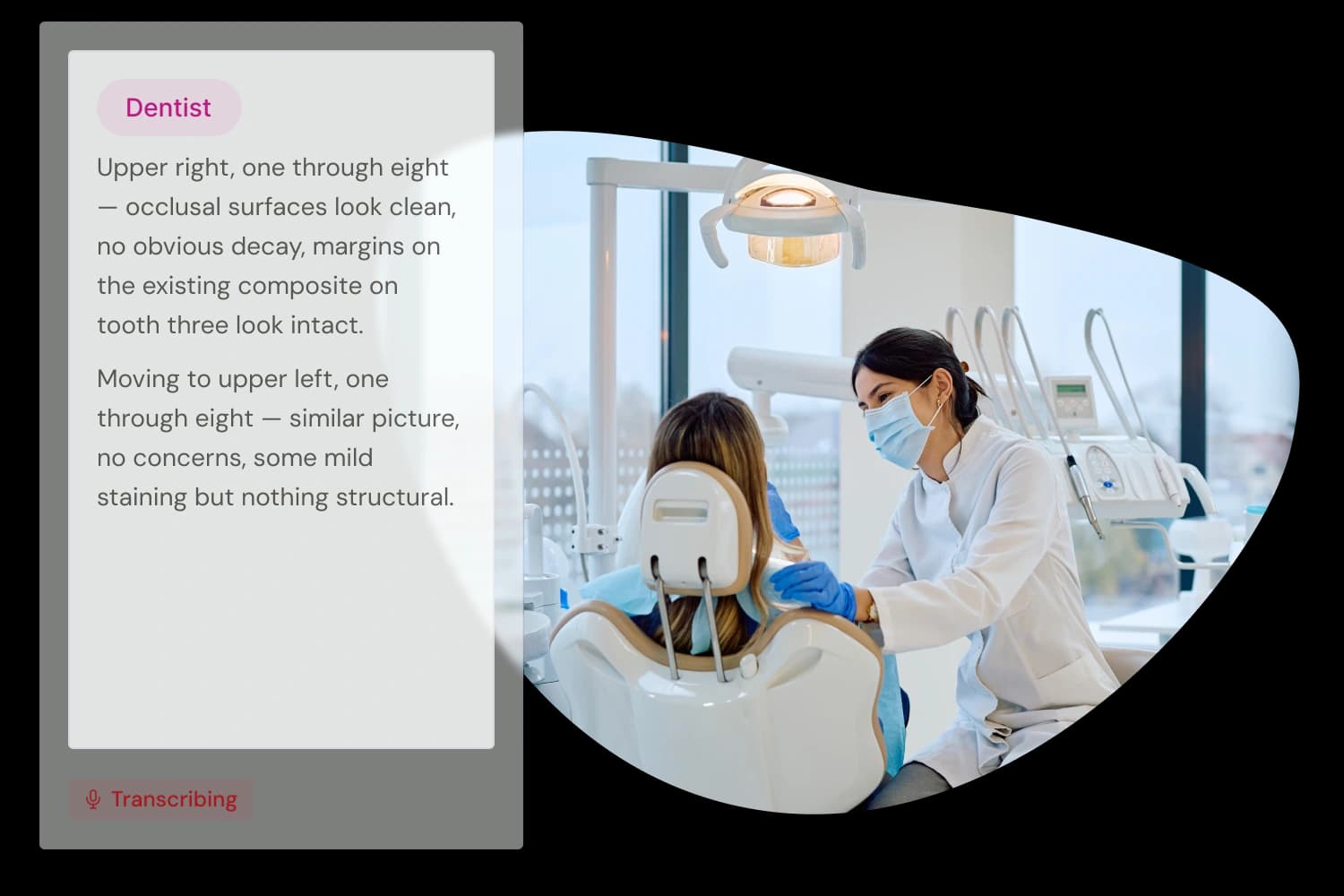 Dentist in white coat examines seated patient in modern dental office; transcription text panel visible on the left.